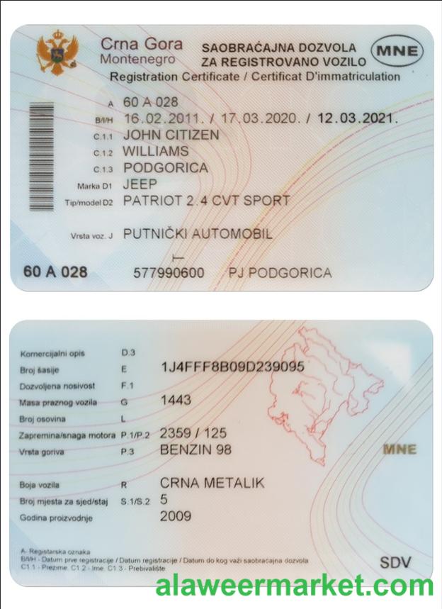 MONTENEGRO vehicle registration certificate